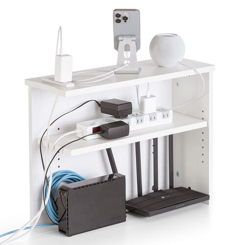 ルーター収納ボックス（ケーブルボックス・幅50cm・高さ38.5cm・コンセント付き・木製・スリム・壁面収納・角置き・コーナー・電話台・ホワイト）