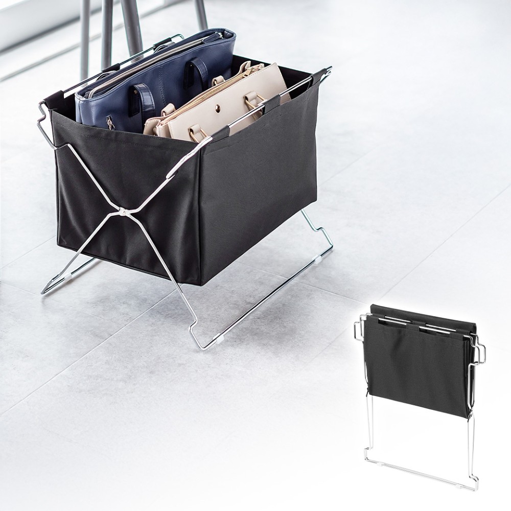 カバン置き（おりたたみ・オフィス・収納ボックス・荷物置き・荷物入れ・手荷物収納・カバン入れ・スタッキング対応・幅50cm・奥行33cm・ブラック・Mサイズ ）