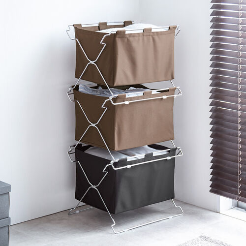 カバン置き（おりたたみ・オフィス・収納ボックス・荷物入れ・手荷物収納・カバン入れ・スタッキング対応・幅50cm・奥行33cm・ブラウン・Mサイズ）