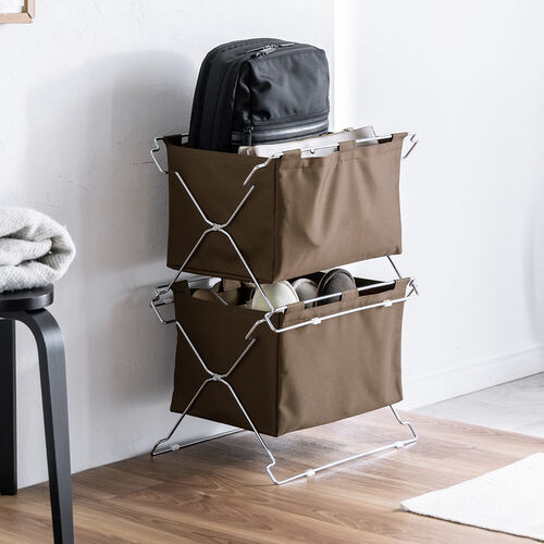 カバン置き（おりたたみ・オフィス・収納ボックス・荷物入れ・手荷物収納・カバン入れ・スタッキング対応・幅50cm・奥行33cm・ブラウン・Mサイズ）