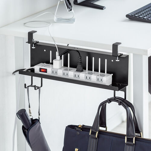 デスク下収納ラック（Sサイズ・幅40cm・1段タイプ・クランプ・マグネット・木ネジ取付け・スチール製・フック付き・ケーブルトレー・ブラック）