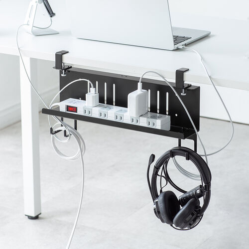 デスク下収納ラック（Sサイズ・幅40cm・1段タイプ・クランプ・マグネット・木ネジ取付け・スチール製・フック付き・ケーブルトレー・ブラック）