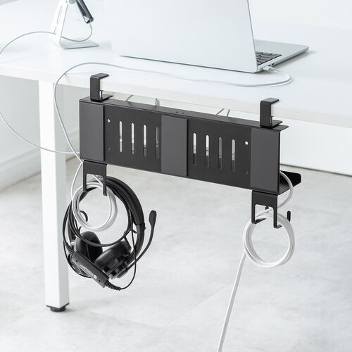 デスク下収納ラック（Sサイズ・幅40cm・1段タイプ・クランプ・マグネット・木ネジ取付け・スチール製・フック付き・ケーブルトレー・ブラック）