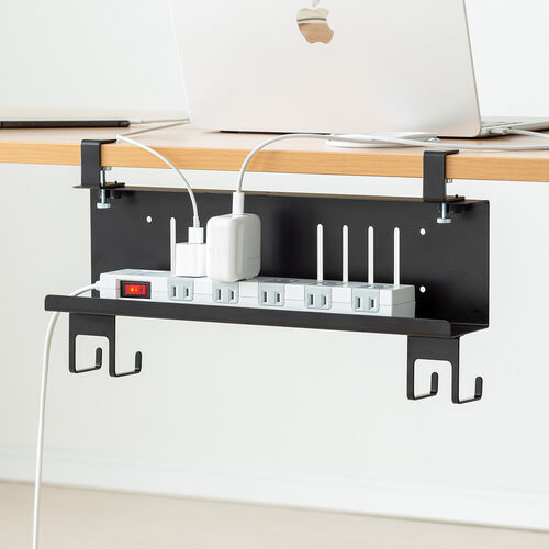 デスク下収納ラック（Sサイズ・幅40cm・1段タイプ・クランプ・マグネット・木ネジ取付け・スチール製・フック付き・ケーブルトレー・ブラック）