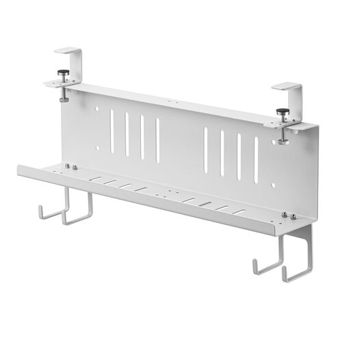 デスク下収納ラック（Sサイズ・幅40cm・1段タイプ・クランプ・マグネット・木ネジ取付け・スチール製・フック付き・ケーブルトレー・ホワイト）