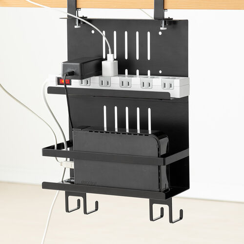 デスク下収納ラック（Mサイズ・幅27cm・2段タイプ・クランプ・マグネット・木ネジ取付け・スチール製・フック・棚板付き・ケーブルトレー・ブラック）