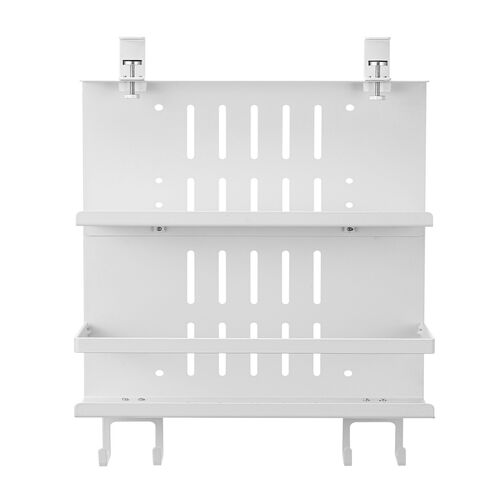 デスク下収納ラック（Mサイズ・幅27cm・2段タイプ・クランプ・マグネット・木ネジ取付け・スチール製・フック・棚板付き・ケーブルトレー・ホワイト）