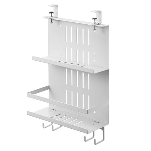 デスク下収納ラック（Mサイズ・幅27cm・2段タイプ・クランプ・マグネット・木ネジ取付け・スチール製・フック・棚板付き・ケーブルトレー・ホワイト）