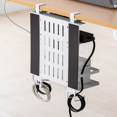 デスク下収納ラック（Mサイズ・幅27cm・2段タイプ・クランプ・マグネット・木ネジ取付け・スチール製・フック・棚板付き・ケーブルトレー・ホワイト）