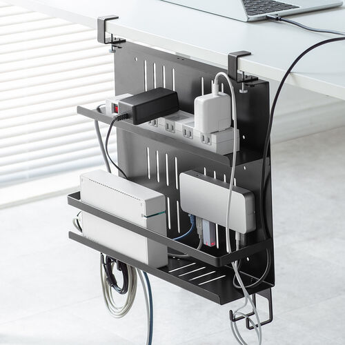 デスク下収納ラック（Lサイズ・幅40cm・2段タイプ・クランプ・マグネット・木ネジ取付け・スチール製・フック・棚板付き・ケーブルトレー・ブラック）