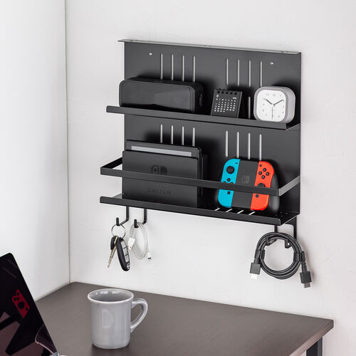 デスク下収納ラック（Lサイズ・幅40cm・2段タイプ・クランプ・マグネット・木ネジ取付け・スチール製・フック・棚板付き・ケーブルトレー・ブラック）