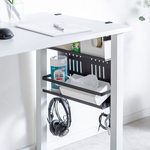 デスク下収納ラック（Lサイズ・幅40cm・2段タイプ・クランプ・マグネット・木ネジ取付け・スチール製・フック・棚板付き・ケーブルトレー・ブラック）