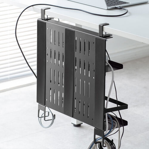 デスク下収納ラック（Lサイズ・幅40cm・2段タイプ・クランプ・マグネット・木ネジ取付け・スチール製・フック・棚板付き・ケーブルトレー・ブラック）