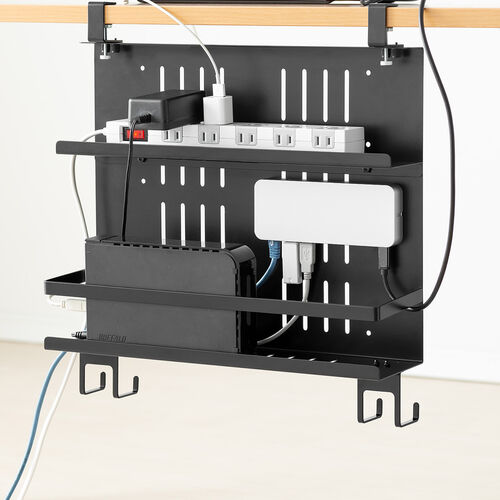 デスク下収納ラック（Lサイズ・幅40cm・2段タイプ・クランプ・マグネット・木ネジ取付け・スチール製・フック・棚板付き・ケーブルトレー・ブラック）