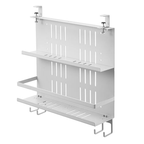 デスク下収納ラック（Lサイズ・幅40cm・2段タイプ・クランプ・マグネット・木ネジ取付け・スチール製・フック・棚板付き・ケーブルトレー・ホワイト）