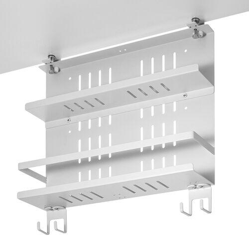 デスク下収納ラック（Lサイズ・幅40cm・2段タイプ・クランプ・マグネット・木ネジ取付け・スチール製・フック・棚板付き・ケーブルトレー・ホワイト）