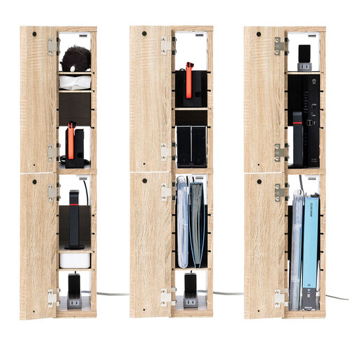 隙間収納ラック（スリムワゴン・幅12cm・高さ80cm・タップ収納・充電ステーション・配線整理・ルーター・Wi-Fi・Nintendo Switch・モデム・扉付き・木製・5段・ライトブラウン）