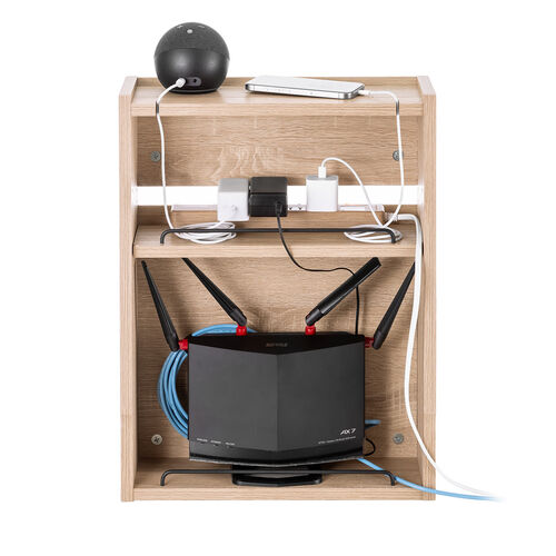 ルーター収納ボックス（ケーブルボックス・幅40cm・高さ52.4cm・充電ステーション・大型ルーター・Wi-Fi モデム・扉付き・木製・2段・ライトブラウン）
