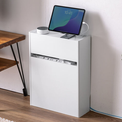 ルーター収納ボックス（ケーブルボックス・幅40cm・高さ52.4cm・充電ステーション・大型ルーター・Wi-Fi モデム・扉付き・木製・2段・ホワイト）