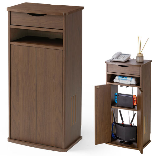 ルーター収納ボックス（電話台・幅40cm・扉付・引き出し付・木製・ケーブルボックス・コード収納・ゲーム機収納・ラック・FAX台・モデム収納・ダークブラウン）
