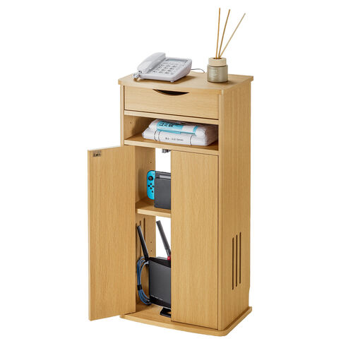 ルーター収納ボックス（電話台・幅40cm・扉付・引き出し付・木製・ケーブルボックス・コード収納・ゲーム機収納・ラック・FAX台・モデム収納・ライトブラウン）