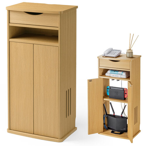 ルーター収納ボックス（電話台・幅40cm・扉付・引き出し付・木製・ケーブルボックス・コード収納・ゲーム機収納・ラック・FAX台・モデム収納・ライトブラウン）