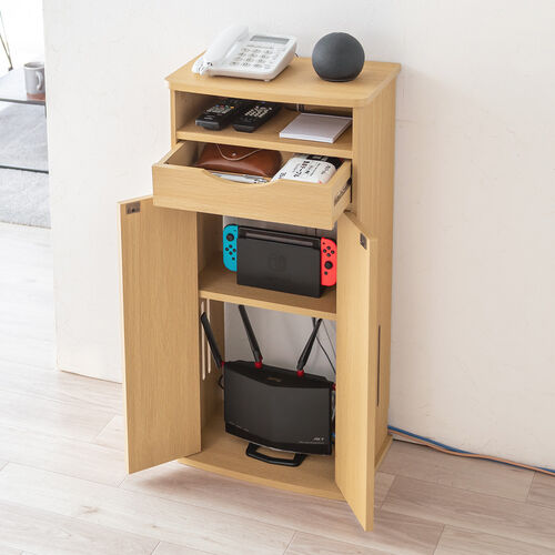 ルーター収納ボックス（電話台・幅40cm・扉付・引き出し付・木製・ケーブルボックス・コード収納・ゲーム機収納・ラック・FAX台・モデム収納・ライトブラウン）