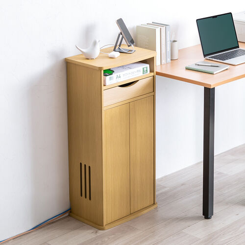 ルーター収納ボックス（電話台・幅40cm・扉付・引き出し付・木製・ケーブルボックス・コード収納・ゲーム機収納・ラック・FAX台・モデム収納・ライトブラウン）