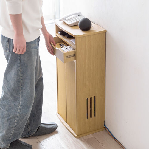 ルーター収納ボックス（電話台・幅40cm・扉付・引き出し付・木製・ケーブルボックス・コード収納・ゲーム機収納・ラック・FAX台・モデム収納・ライトブラウン）