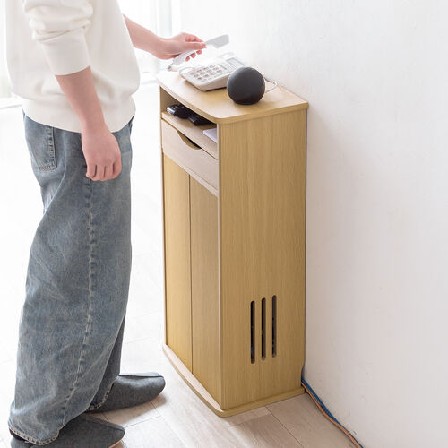 ルーター収納ボックス（電話台・幅40cm・扉付・引き出し付・木製・ケーブルボックス・コード収納・ゲーム機収納・ラック・FAX台・モデム収納・ライトブラウン）