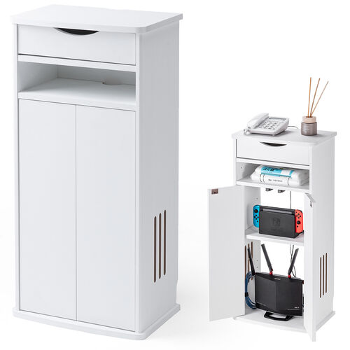 ルーター収納ボックス（電話台・幅40cm・扉付・引き出し付・木製・ケーブルボックス・コード収納・ゲーム機収納・ラック・FAX台・モデム収納・ホワイト）