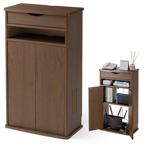 ルーター収納ボックス（電話台・幅48cm・扉付・引き出し付・木製・ケーブルボックス・コード収納・ゲーム機収納・ラック・FAX台・モデム収納・ダークブラウン）