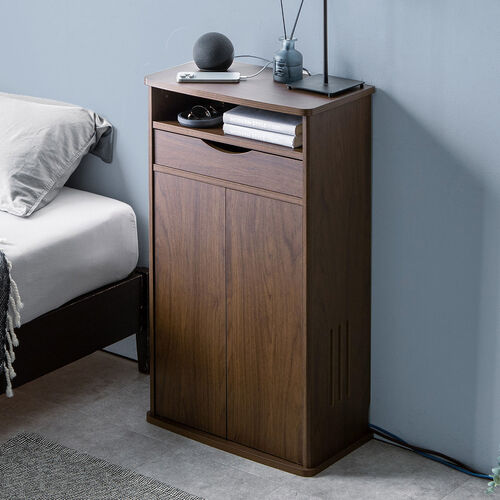 ルーター収納ボックス（電話台・幅48cm・扉付・引き出し付・木製・ケーブルボックス・コード収納・ゲーム機収納・ラック・FAX台・モデム収納・ダークブラウン）