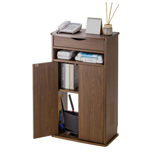 ルーター収納ボックス（電話台・幅48cm・扉付・引き出し付・木製・ケーブルボックス・コード収納・ゲーム機収納・ラック・FAX台・モデム収納・ダークブラウン）