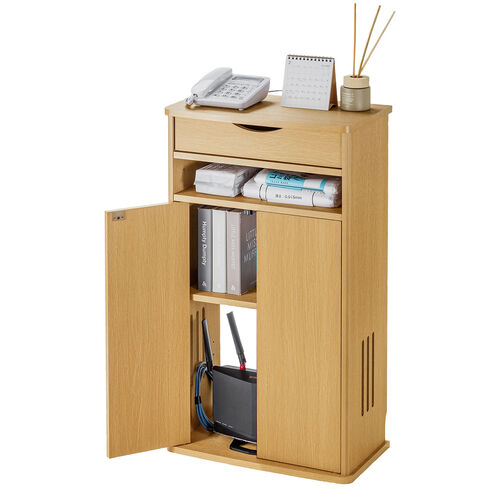 ルーター収納ボックス（電話台・幅48cm・扉付・引き出し付・木製・ケーブルボックス・コード収納・ゲーム機収納・ラック・FAX台・モデム収納・ライトブラウン）