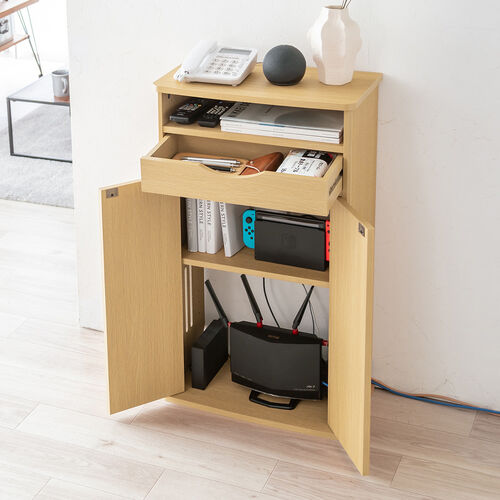 ルーター収納ボックス（電話台・幅48cm・扉付・引き出し付・木製・ケーブルボックス・コード収納・ゲーム機収納・ラック・FAX台・モデム収納・ライトブラウン）