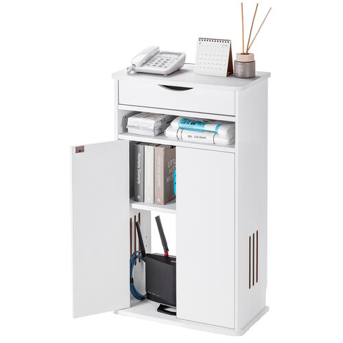 ルーター収納ボックス（電話台・幅48cm・扉付・引き出し付・木製・ケーブルボックス・コード収納・ゲーム機収納・ラック・FAX台・モデム収納・ホワイト）