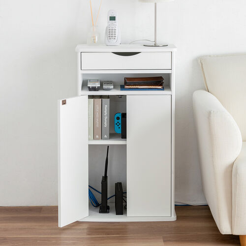 ルーター収納ボックス（電話台・幅48cm・扉付・引き出し付・木製・ケーブルボックス・コード収納・ゲーム機収納・ラック・FAX台・モデム収納・ホワイト）