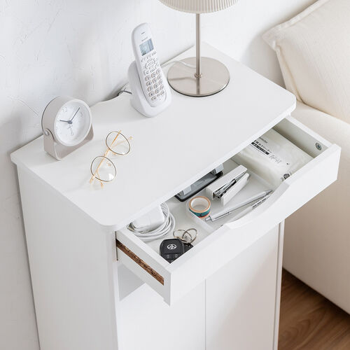 ルーター収納ボックス（電話台・幅48cm・扉付・引き出し付・木製・ケーブルボックス・コード収納・ゲーム機収納・ラック・FAX台・モデム収納・ホワイト）