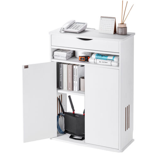 ルーター収納ボックス（電話台・幅60cm・扉付・引き出し付・木製・ケーブルボックス・コード収納・ゲーム機収納・ラック・FAX台・モデム収納・ホワイト）