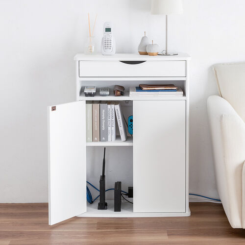 ルーター収納ボックス（電話台・幅60cm・扉付・引き出し付・木製・ケーブルボックス・コード収納・ゲーム機収納・ラック・FAX台・モデム収納・ホワイト）