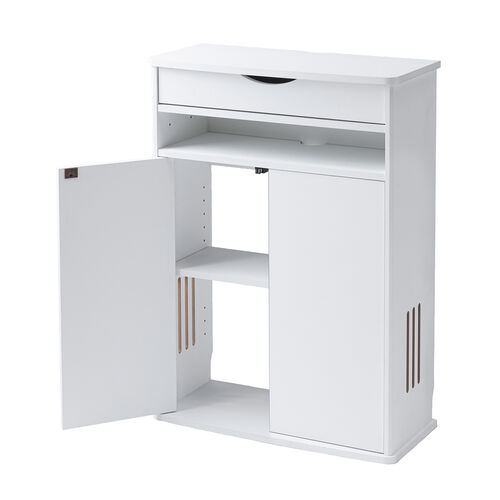 ルーター収納ボックス（電話台・幅60cm・扉付・引き出し付・木製・ケーブルボックス・コード収納・ゲーム機収納・ラック・FAX台・モデム収納・ホワイト）