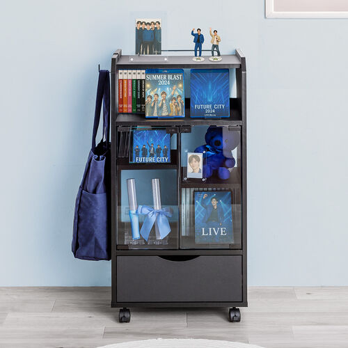 ゲーム機収納ラック（ガラス扉・UVカット・可動棚×3枚・キャスター付き・サイドワゴン・幅46.2×奥行き37×高さ90cm・PS5/4・Switch 2・レトロゲーム機・ブラック）