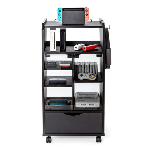 ゲーム機収納ラック（ガラス扉・UVカット・可動棚×3枚・キャスター付き・サイドワゴン・幅46.2×奥行き37×高さ90cm・PS5/4・Switch 2・レトロゲーム機・ブラック）