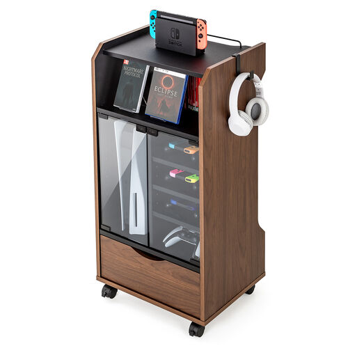ゲーム機収納ラック（ガラス扉・UVカット・可動棚×3枚・キャスター付き・サイドワゴン・幅46.2×奥行き37×高さ90cm・PS5/4・Switch 2・レトロゲーム機・木目×ブラック）