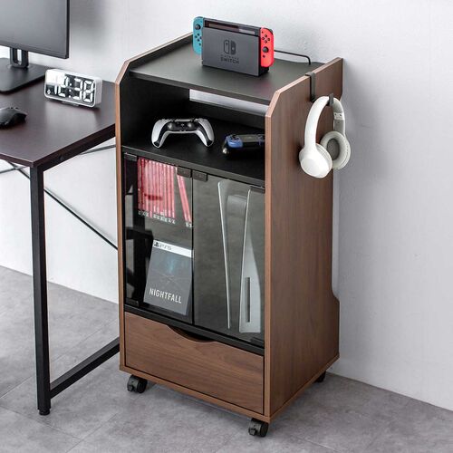 ゲーム機収納ラック（ガラス扉・UVカット・可動棚×3枚・キャスター付き・サイドワゴン・幅46.2×奥行き37×高さ90cm・PS5/4・Switch 2・レトロゲーム機・木目×ブラック）