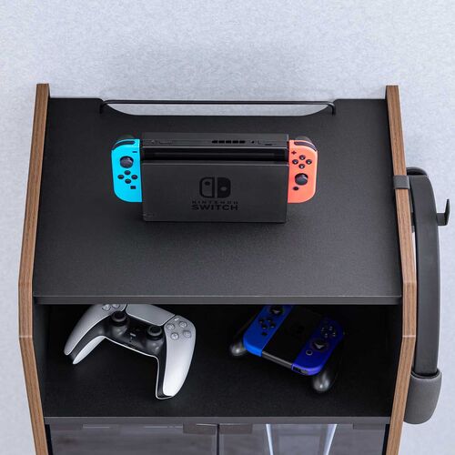 ゲーム機収納ラック（ガラス扉・UVカット・可動棚×3枚・キャスター付き・サイドワゴン・幅46.2×奥行き37×高さ90cm・PS5/4・Switch 2・レトロゲーム機・木目×ブラック）