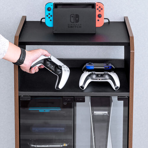 ゲーム機収納ラック（ガラス扉・UVカット・可動棚×3枚・キャスター付き・サイドワゴン・幅46.2×奥行き37×高さ90cm・PS5/4・Switch 2・レトロゲーム機・木目×ブラック）