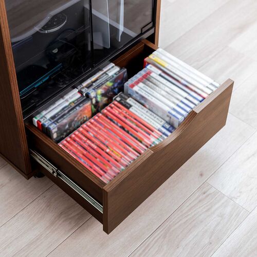 ゲーム機収納ラック（ガラス扉・UVカット・可動棚×3枚・キャスター付き・サイドワゴン・幅46.2×奥行き37×高さ90cm・PS5/4・Switch 2・レトロゲーム機・木目×ブラック）