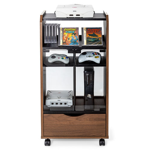 ゲーム機収納ラック（ガラス扉・UVカット・可動棚×3枚・キャスター付き・サイドワゴン・幅46.2×奥行き37×高さ90cm・PS5/4・Switch 2・レトロゲーム機・木目×ブラック）
